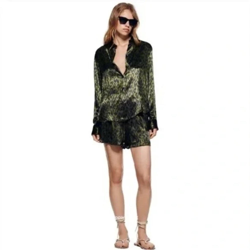 ZARA Women's Green Black Leopard Print Drawstring Elastic Waist Boxers Shorts XS